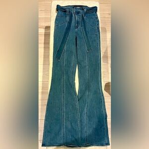 Express Bell Flare Super High Rise Jeans with Self-Tie Belt in stretch denim